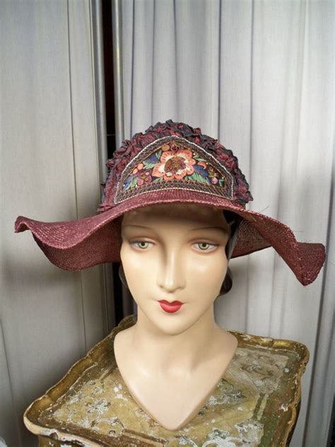 1930s Style Wide Brimmed Straw Hat With Embroidered By Soiree 15000