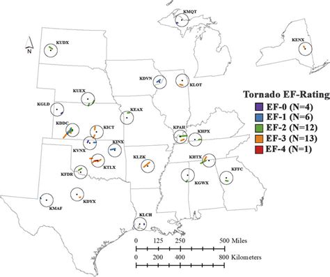 Map of the long-duration tornado cases used in this study, color-coded ...