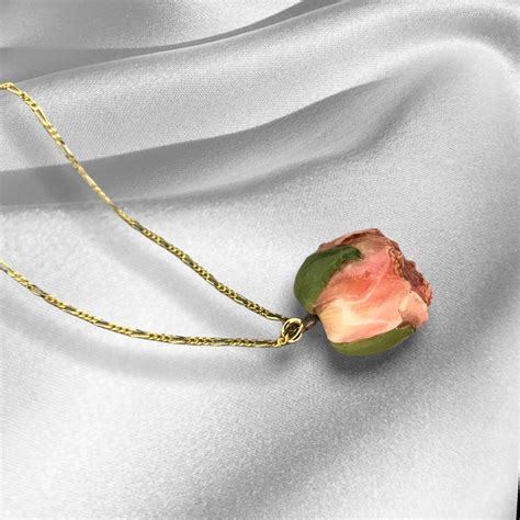 Real Rose Bud Necklace 925 Sterling Gold Plated Chain With Resin Cast Natural Flower Romantic