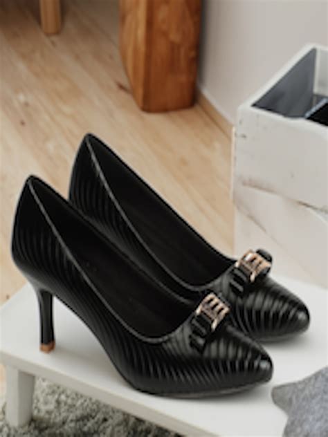 Buy DressBerry Black Pointed Toe Textured Kitten Pumps With Bows