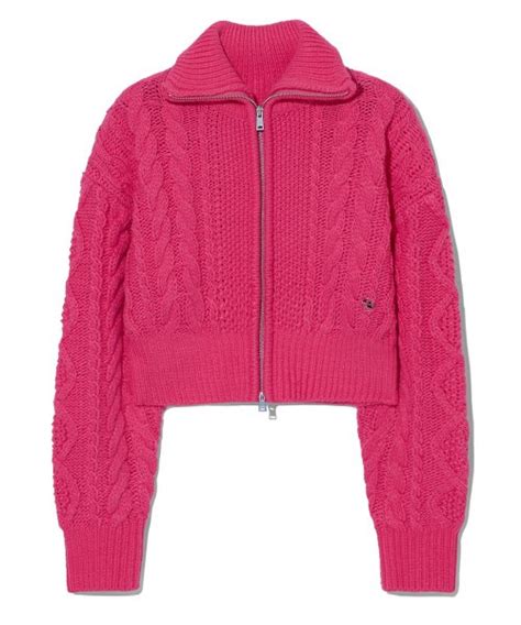 MUSINSA Codegraphy Woman WAVE Logo Cable Crop Knit Zip Up Hot Pink