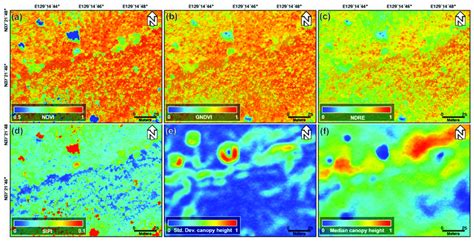 A Normalized Ndvi B Gndvi C Ndre And D Sipi Index Maps E
