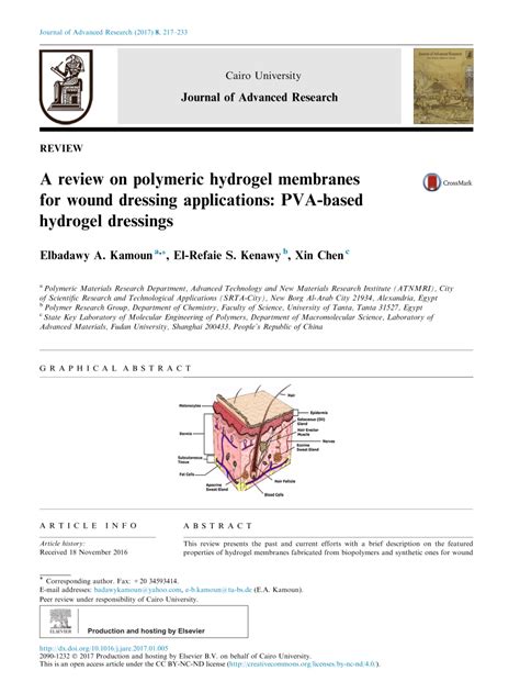 Pdf A Review On Polymeric Hydrogel Membranes For Wound Dressing