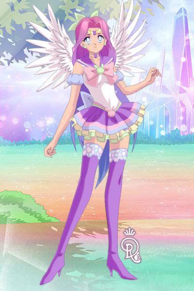 An Anime Character With Purple Hair And Wings Standing In Front Of A