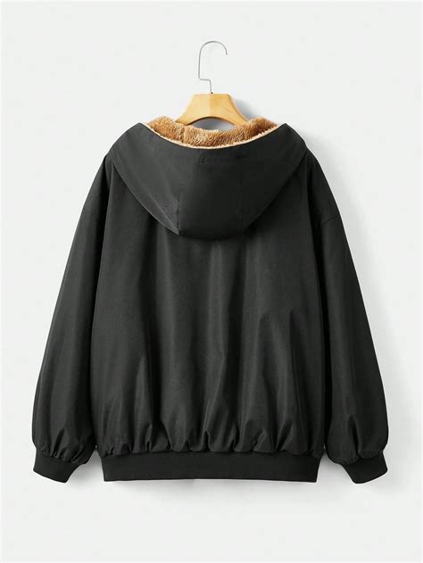 Shein Ezwear Letter Patched Detail Drop Shoulder Thermal Hooded Jacket