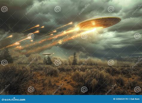 Alien Spaceships Invading Earth Dramatic Scene of Extraterrestrial Craft Shooting Beams Towards ...