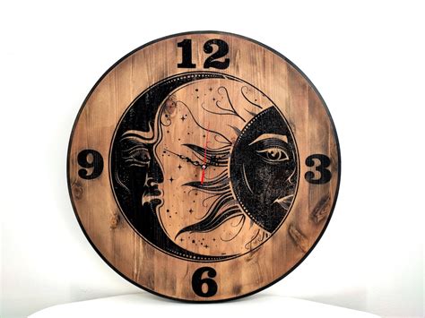 Large Wooden Wall Clock Sun And Moon Clock Unique Wall Clock Custom