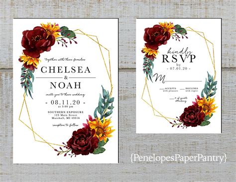 Elegant Floral Fall Wedding Invitationsunflowersburgundy Etsy Fall Wedding Invitations