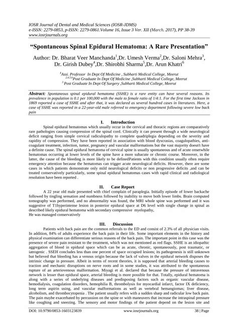 Pdf Spontaneous Spinal Epidural Hematoma A Rare Presentation