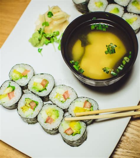 Vegetarian Sushi And Miso Soup In A Restaurant Stock Image Image Of