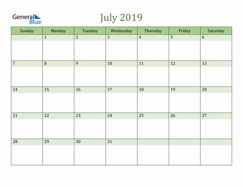 Fillable July 2019 Calendar