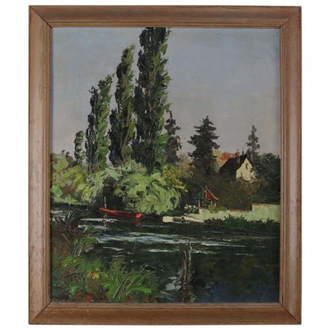 Oil on Canvas Riverscape Painting with Boat and Home, 20th Century For ...