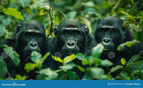 Three Gorillas Are Standing In A Group Of Green Leaves Ai Stock Image