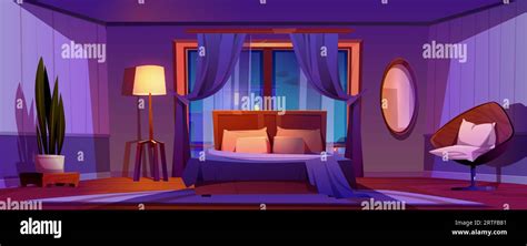 Hotel Bedroom Interior At Night Vector Cartoon Illustration Of Tidy Room With Twin Bed And