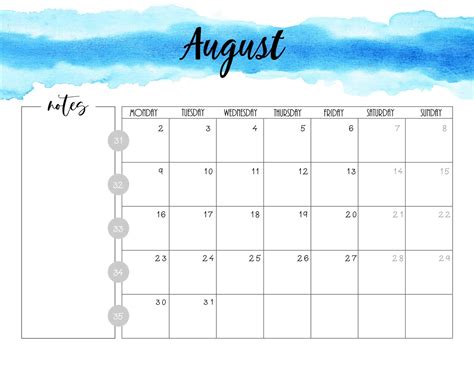 Monthly August Calendar Printable Computer Tools