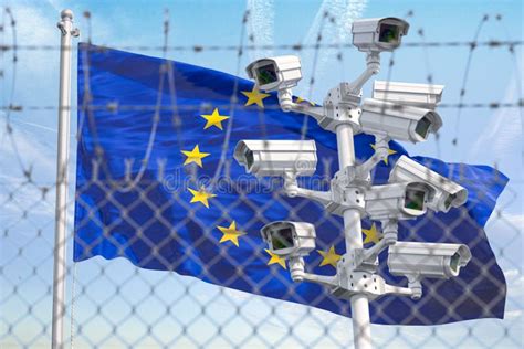 Flag Of Europen Union Eu Behind Barbed Wire Fence And Cctv Cameras