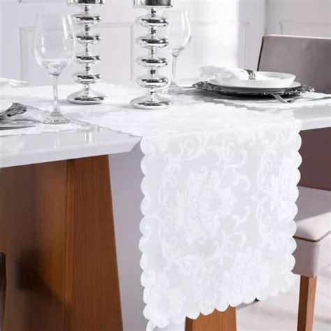 Camino De Mesa Blanco Tessi Trilho Mesa Jacquard Adamascado Acabamento