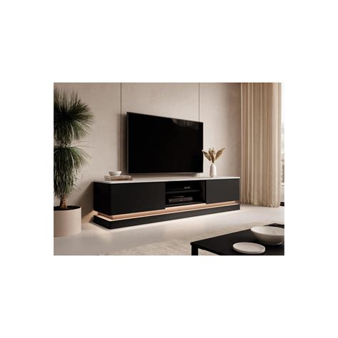 Meuble Tv 2 Tiroirs Et 2 Niches Avec Leds En Mdf Noir Et Effet Marbre