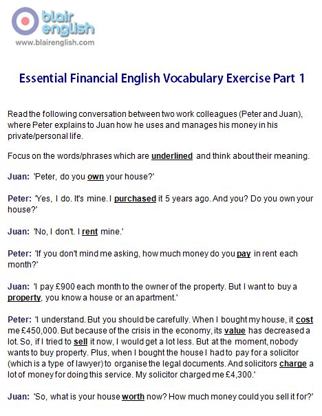 financial english vocabulary class worksheetslesson plans blair english