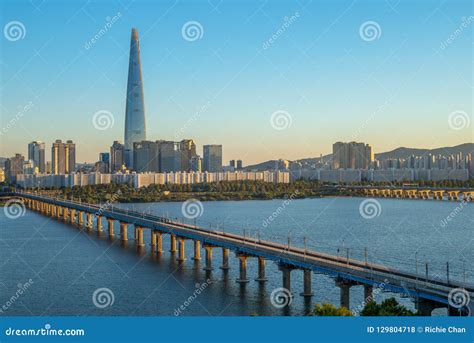 Skyline Of Seoul By Han River In South Korea Stock Photo Image Of