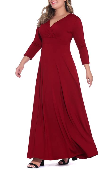 Poseshe Womens Solid V Neck 3 4 Sleeve Plus Size Evening Party Maxi