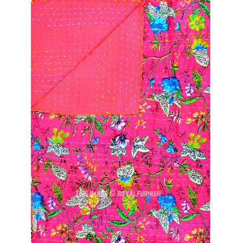 Pink Floral Leaves Printed Unique Cotton Kantha Quilt Blanket Throw