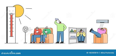 Concept Of Summer Hot Period Of Time People Sitting Indoor Weary From Heat Use Fan Air