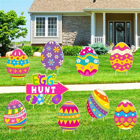 Whaline 9pcs Easter Eggs Yard Sign With 18pcs Stakes