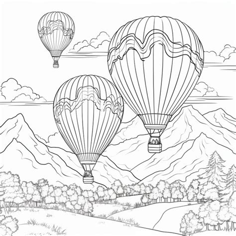 A Drawing Of Two Hot Air Balloons Flying Over A Mountain Range