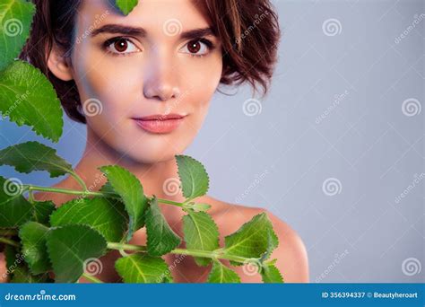 Stunning Fashion Model Naked Shoulders Advertise Product Isolated On Grey Color Background Stock