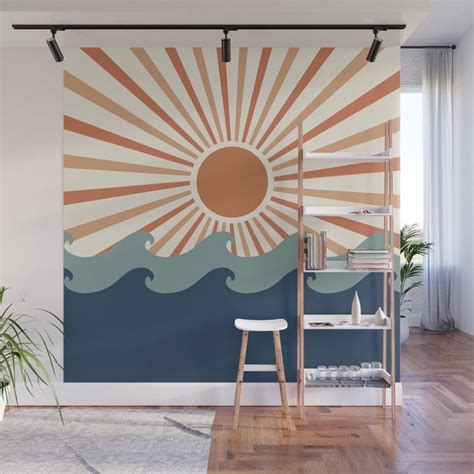 Buy Retro Sun And Wave Art Blue And Orange Wall Mural By Megan Morris
