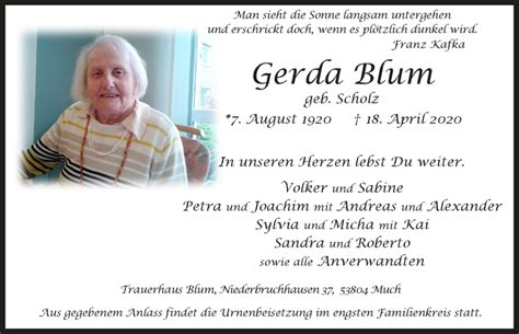 Traueranzeigen Von Gerda Blum WirTrauern