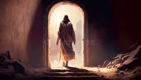 Jesus Walking Out From The Tomb On Easter Sunday Empty Tomb With