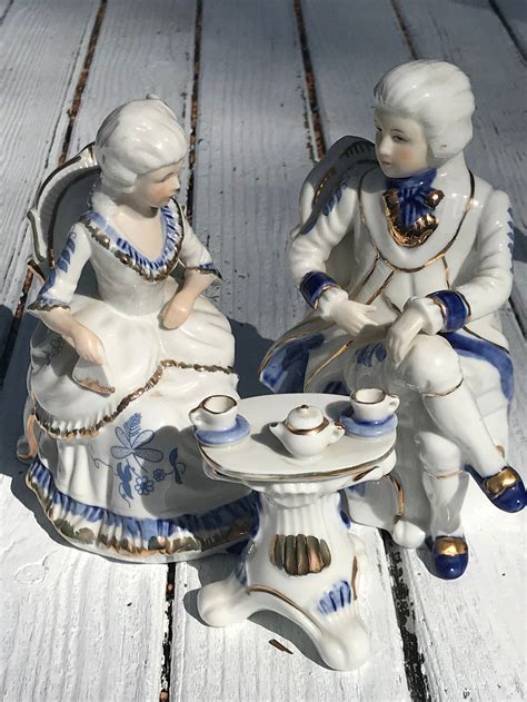 Vintage French Porcelain Set Figurines Blue White 9 Etsy