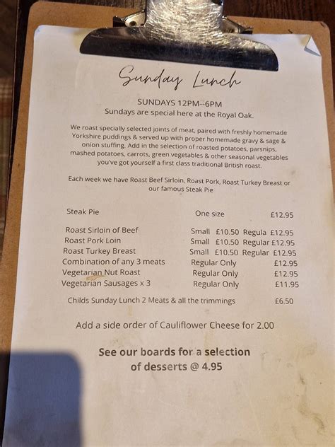 Menu At The Royal Oak Pub And Bar Tickhill