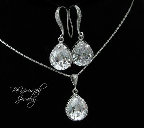 Bridal Earrings Necklace Set Cubic Zirconia Teardrop Matching Set