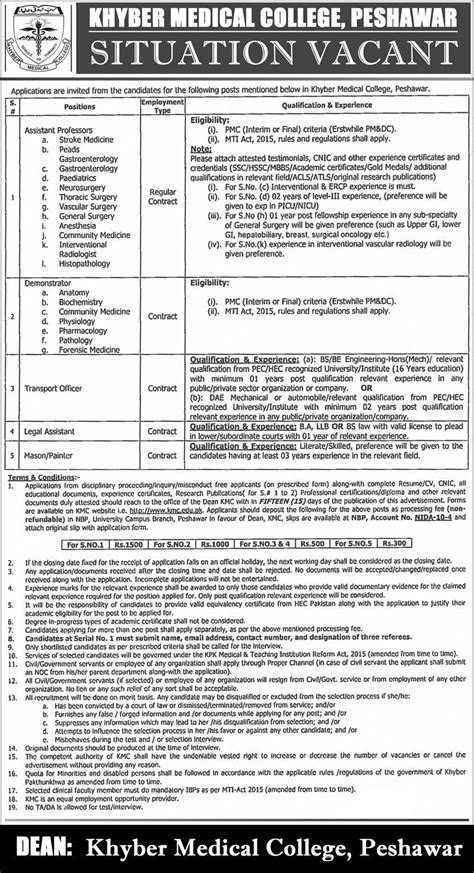 Khyber Medical College KMC Peshawar Jobs 2022 For Professors 2024 Job