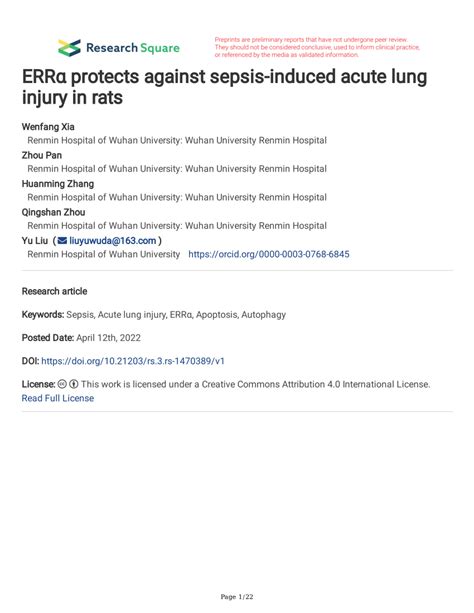 PDF ERRα protects against sepsis induced acute lung injury in rats