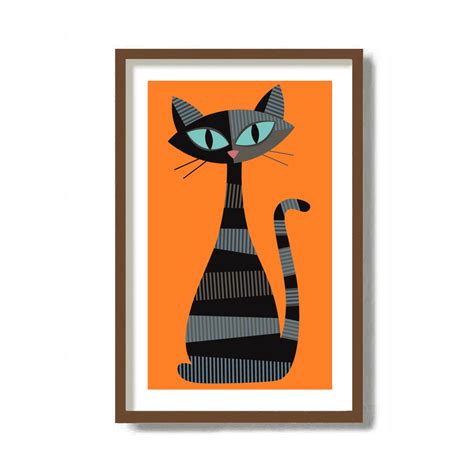 Mid Century Modern Cat Art Black Cat Wall Art Decor Print Etsy