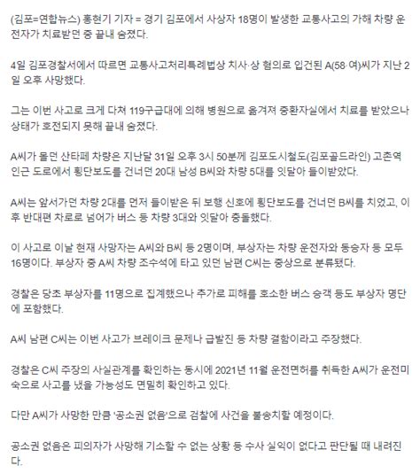 18명 사상 김포 교통사고 가해차량 50대 운전자 사망news 포텐 터짐 최신순 에펨코리아