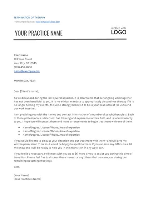 Termination Of Therapy Letter Template Pdf