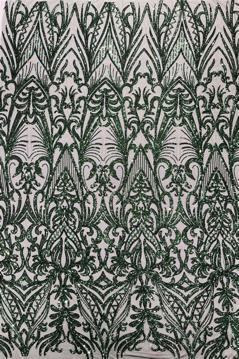 Hunter Green Sequin Fabric By The Yard Damask Design On A Etsy