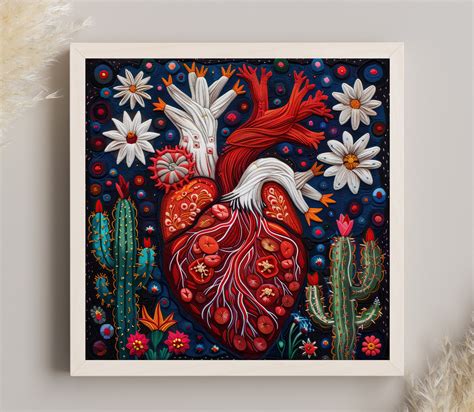 cactus flower heart huichol art mexico wall art mexican yarn art