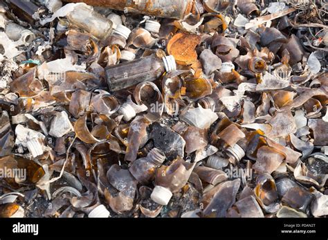 Broken Glass Bottles And Can In Garbage Dump Stock Photo Alamy