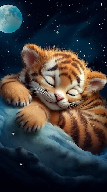 Premium Photo | Dreamy Duo Tiger and the Moon Adorable Sleeping Baby Tiger Digital Illustration