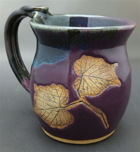 Purple Grape Leaf Hand Thrown Ceramic Mug Pottery Pottery Mugs