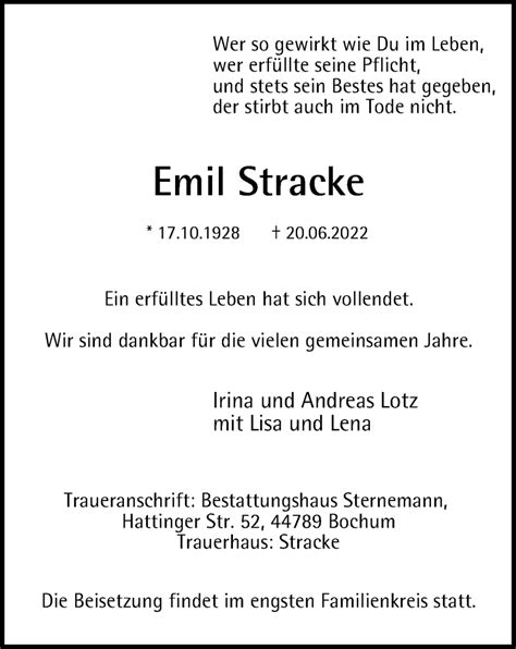 Traueranzeigen Von Emil Stracke Trauer In Nrw De