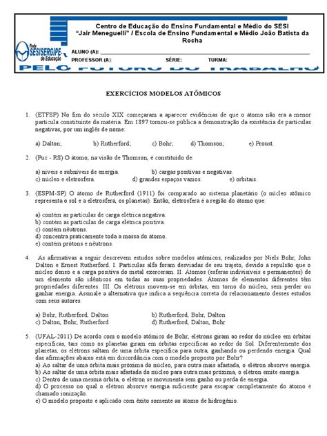Exercicios Modelos Atomicos Pdf - Exercícios sobre Modelos Atômicos | PDF | Elétron | Núcleo atômico