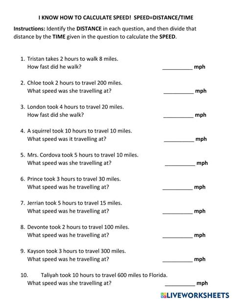 Speed And Velocity Calculations Worksheet Live Worksheets