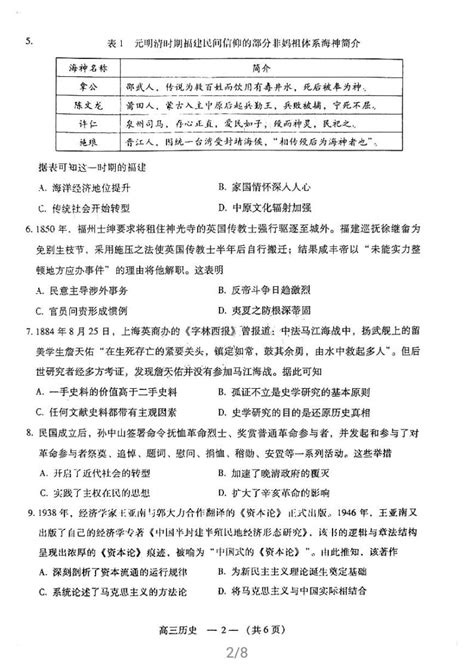 2021届福建省福州高三三模历史试卷（图片版有答案） 教习网试卷下载